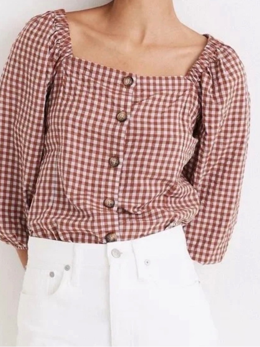 Madewell Gingham Seersucker Peasant Top Shirt 3/4 Sleeve Cottage Red Women’s 14